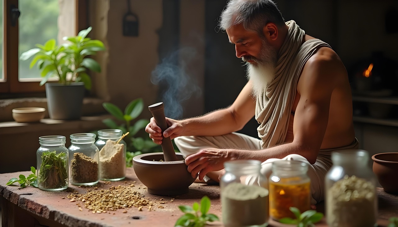 Alter Mann beim Zubereiten einer ayurvedischen Rezeptur